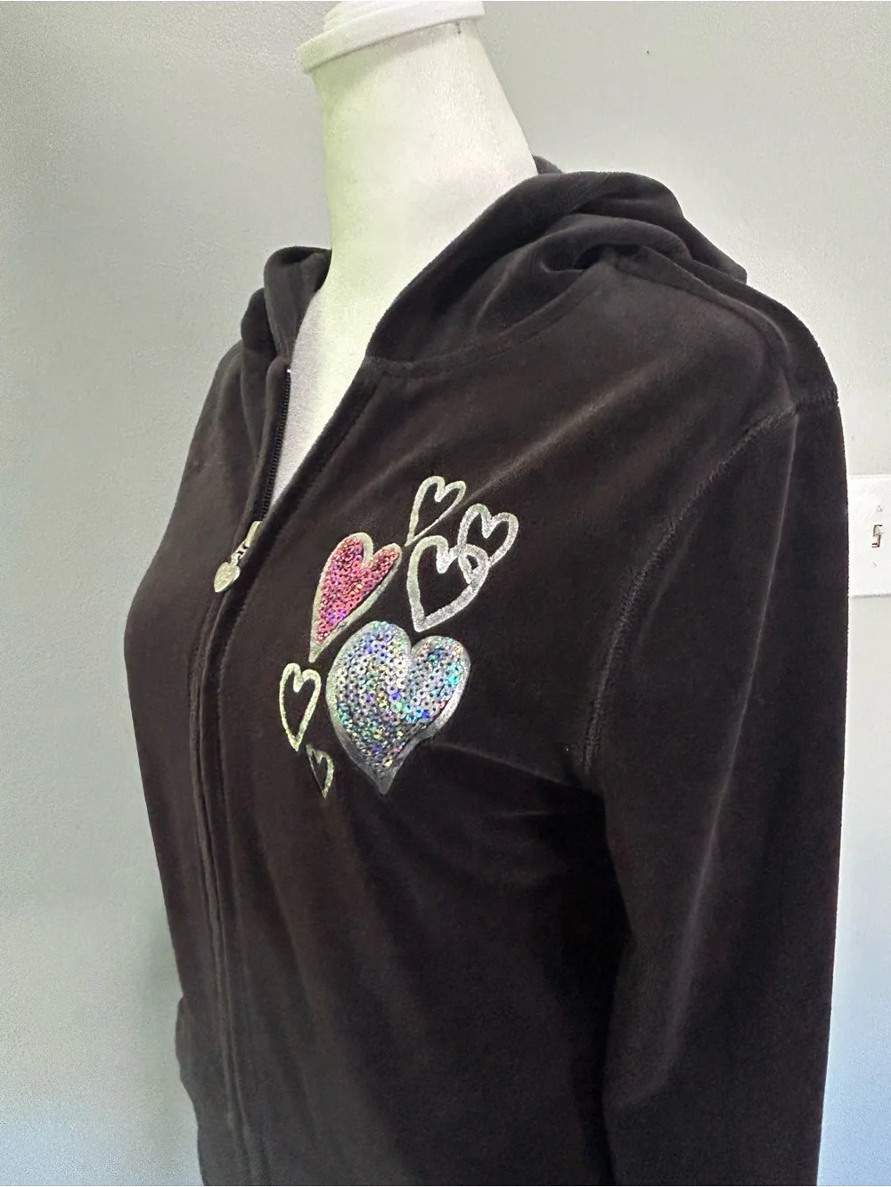 Justice Black Velour Hoodie with Sequin Heart Detail Y2K Sz 18
